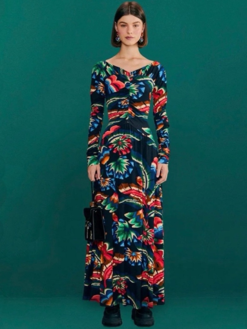 NWT FARM RIO Black Chevron Forest Lenzing™ Ecovero™ Viscose Dress Maxi